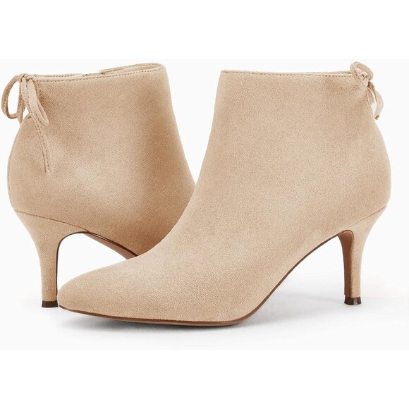 Women's Pointed Toe Heel Ankle Booties Kitten Stiletto Bowtie Strappy Boot Beige - Picture 6 of 6